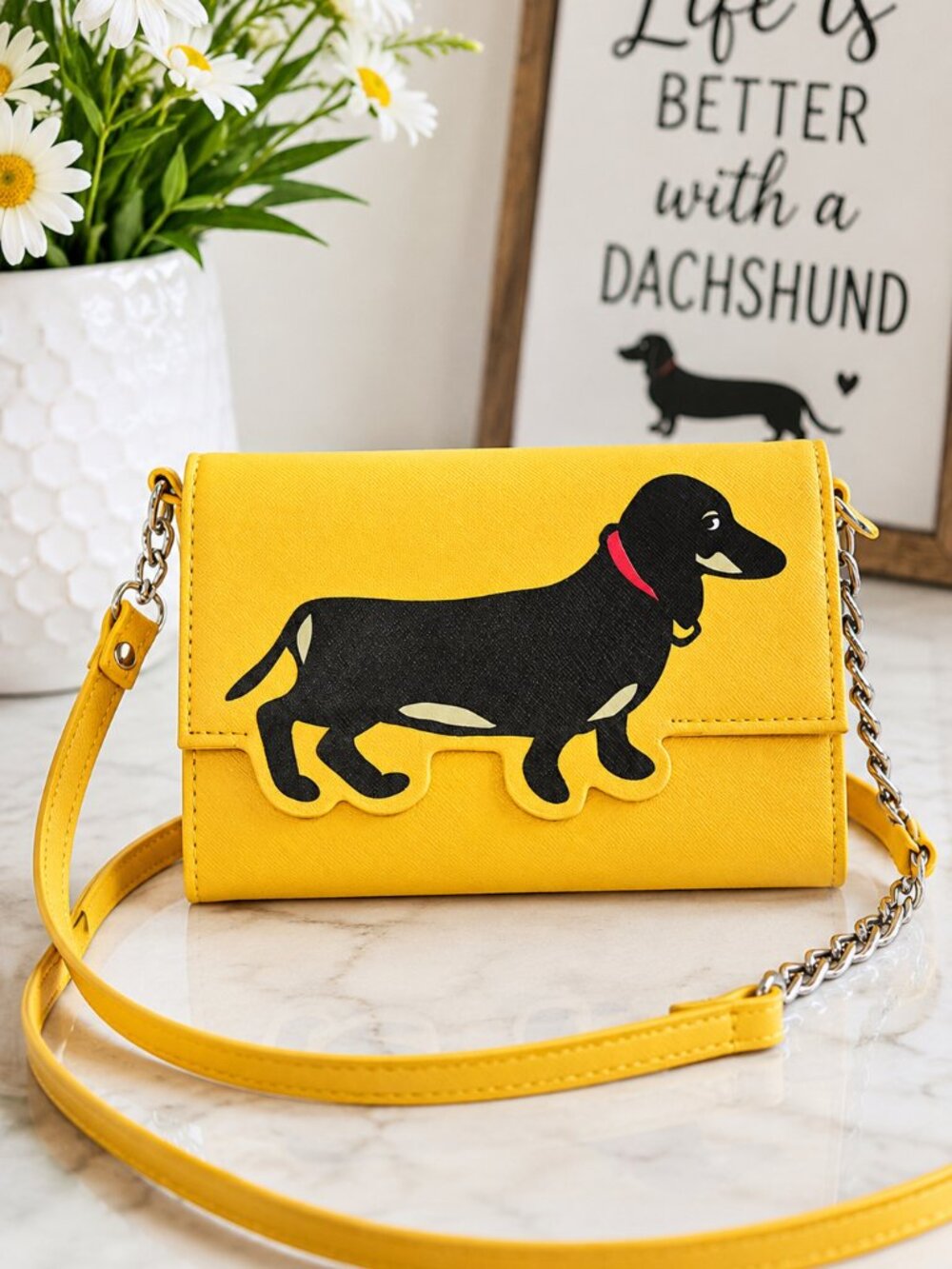 Marc Tetro Dachshund Yellow Crossbody Wallet Dog Purse Doxie